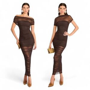 NWT $298 SEROYA Noel Off Shoulder Mesh Midi Dress in Ash Brown Small